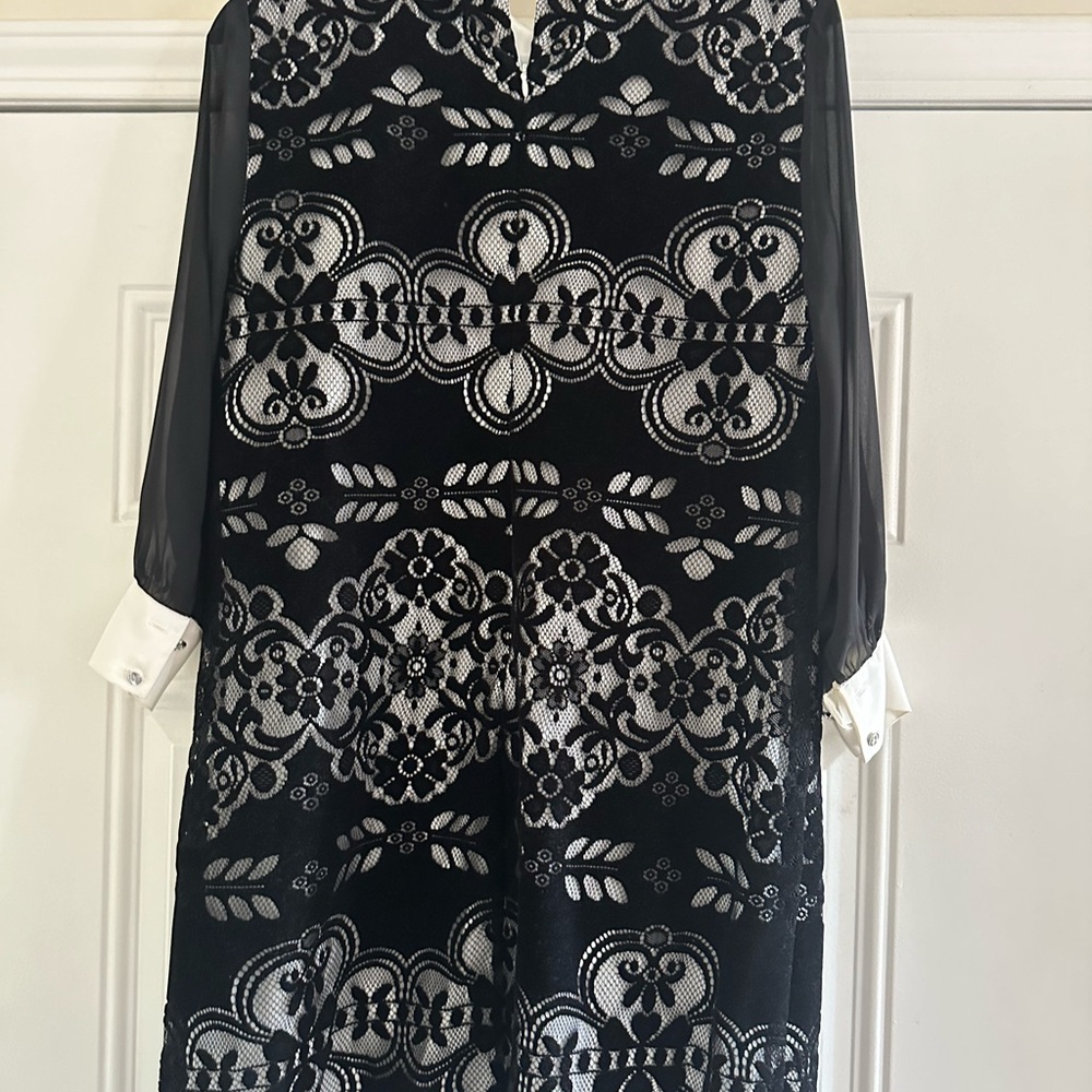 Black and white velvet mini dress with sheer long sleeves